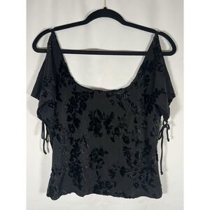 VNG Bebe Black Burnt Out Velvet Cold Shoulder Crop Top Silver Thread Whimsy Goth